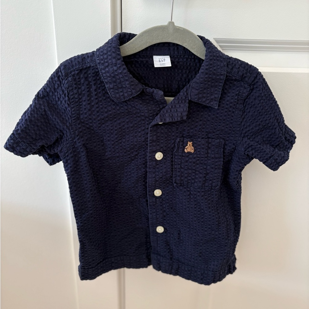 GAP Navy Blue Textured Button Up Toddler Shirt